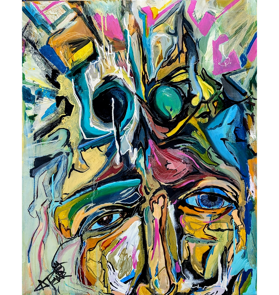 An abstract mixed-media painting featuring a fragmented portrait of a face
