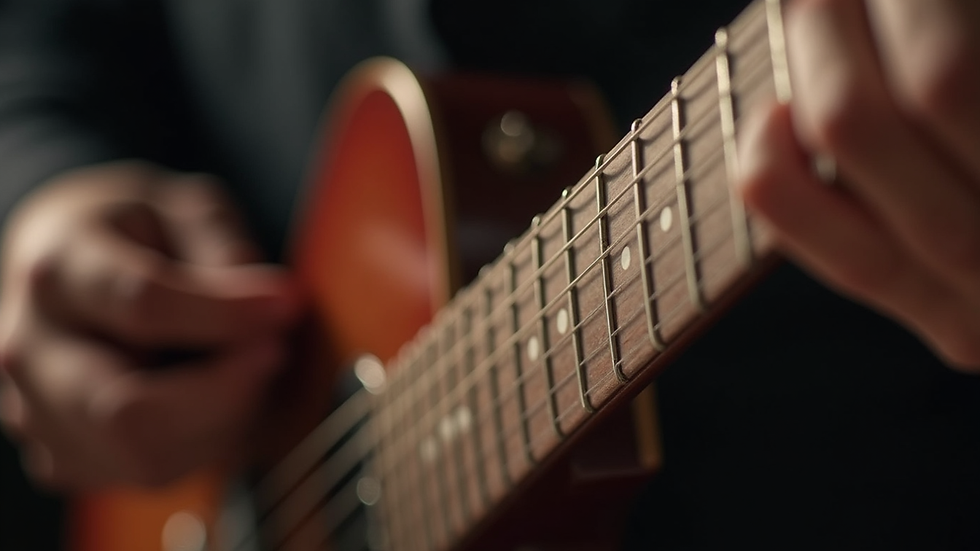 Close-up view of a guitar fretboard with fingers pressing strings