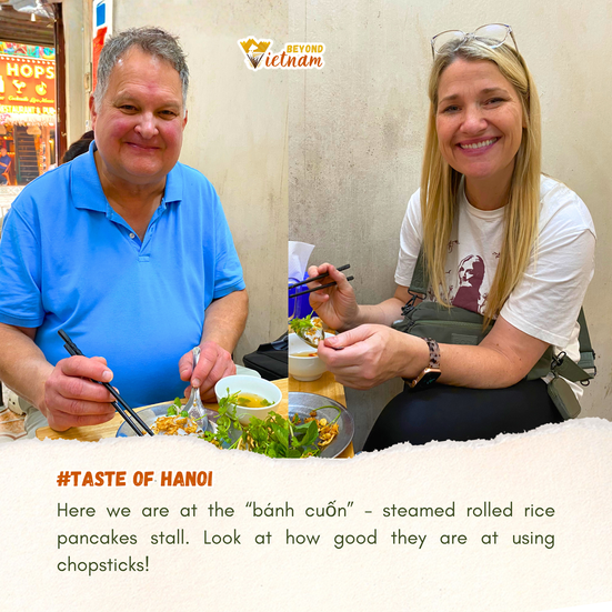 Here we are at the “bánh cuốn” - steamed rolled rice pancakes stall. Look at how good they are at us