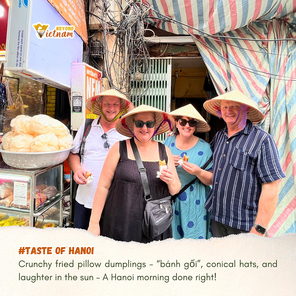Crunchy fried pillow dumplings - “bánh gối”, conical hats, and laughter in the sun – A Hanoi morning done right!