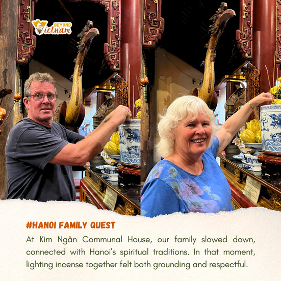 At Kim Ngân Communal House, our family slowed down, connected with Hanoi’s spiritual traditions. In that moment, lighting incense together felt both grounding and respectful.