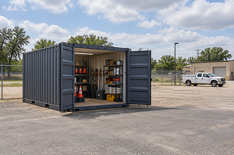 Illustration of an open storage container with safety cones and work equipment