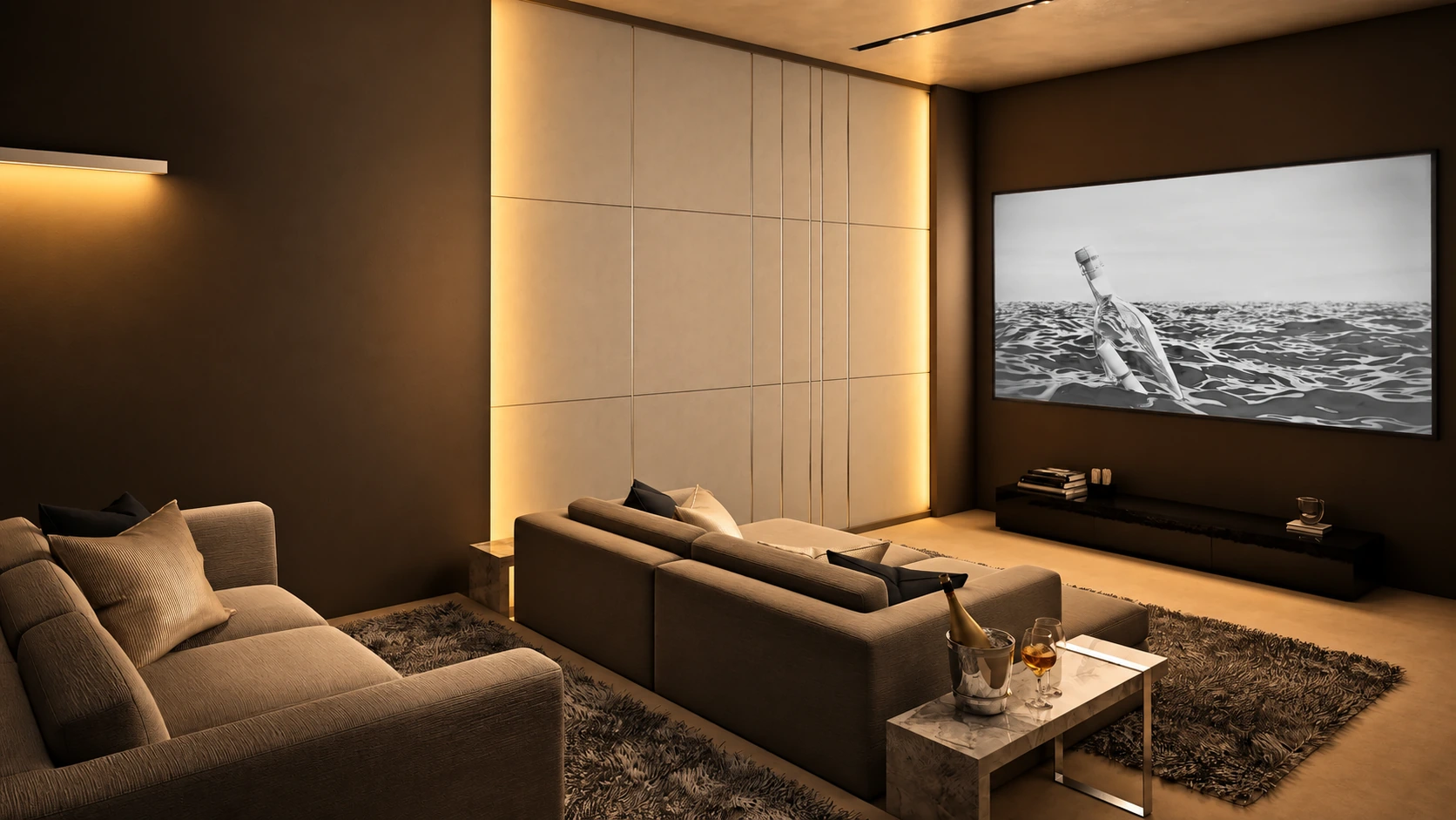 Modern home theater with gray sofas and a large projection screen