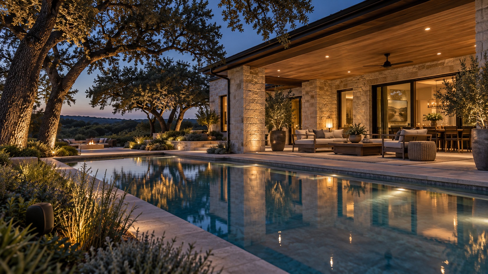 Outdoor living design concept with a swimming pool, covered lounge, and warm landscape lighting