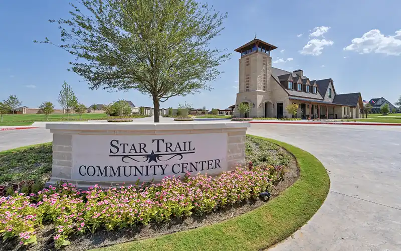 Star Trail Community Center with its landscaped monument sign.