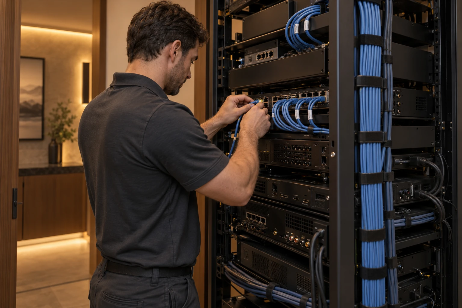 Technician connecting a cable behind an AV rack with neatly routed wiring, an original design concept