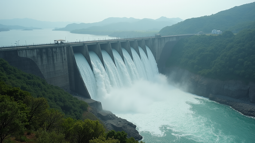 High angle view of Itaipu Dam with water flowing