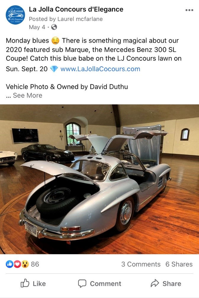 Social media post from La Jolla Concours d'Elegance