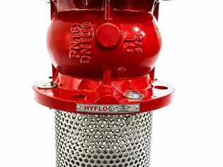 HYFLO spring-loaded silent type foot valve with flanged red body and stainless steel strainer for pump suction lines and backflow prevention.