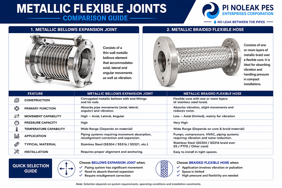 Metallic Flexible Joints Comparison Guide showing Metallic Bellows Expansion Joint versus Metallic Braided Flexible Hose for industrial piping systems, vibration control, and thermal expansion applications.