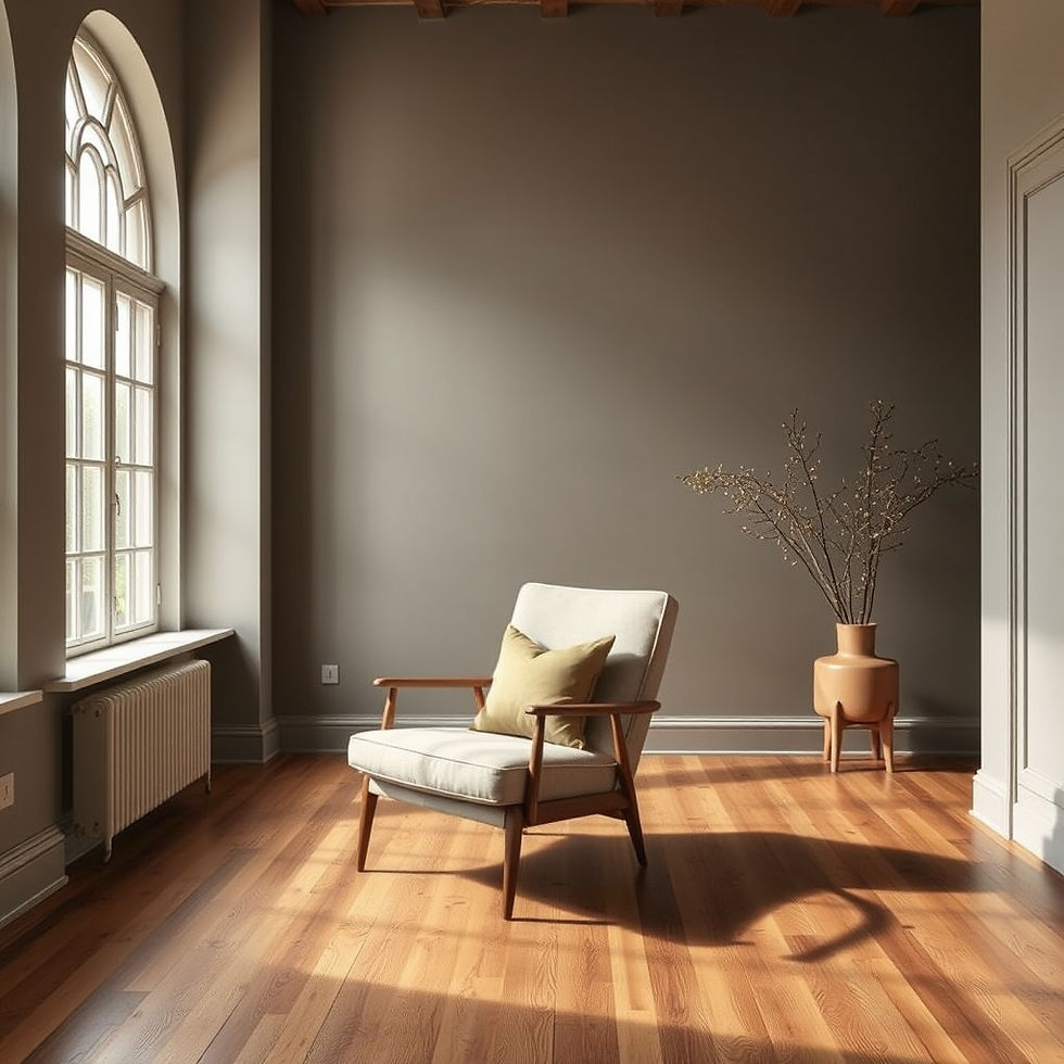 A cozy chair with a yellow cushion sits on sunlit wooden floors near an arched window. A vase with branches stands in the background.