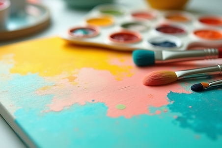 art brushes and paint on a desk