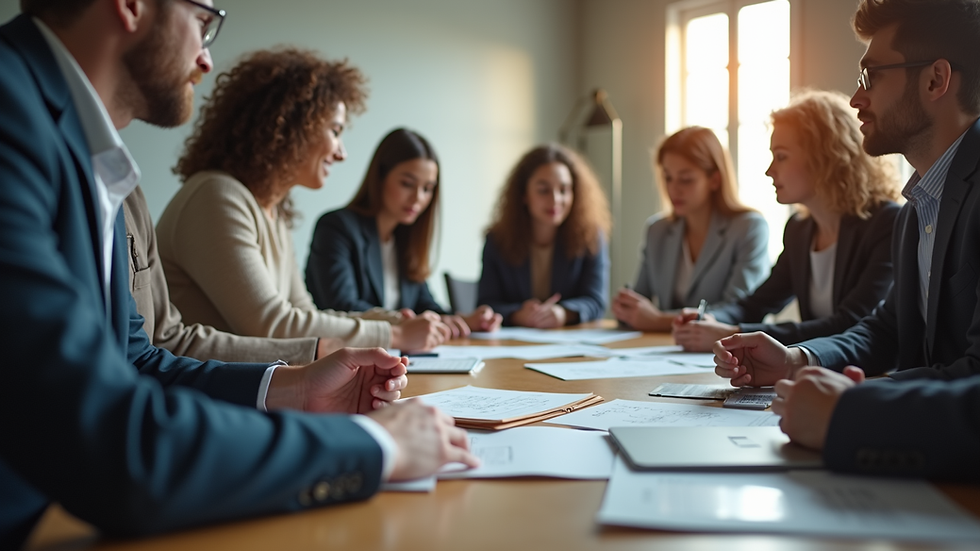 Close-up view of a round table with diverse team members collaborating on a project