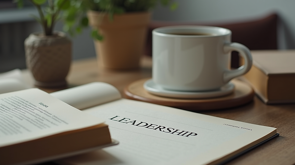 Close-up view of a desk with leadership books and a cup of coffee