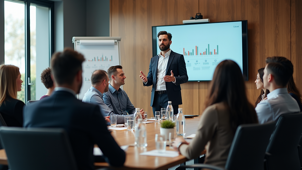 High angle view of a leader presenting a vision to a team in a meeting room