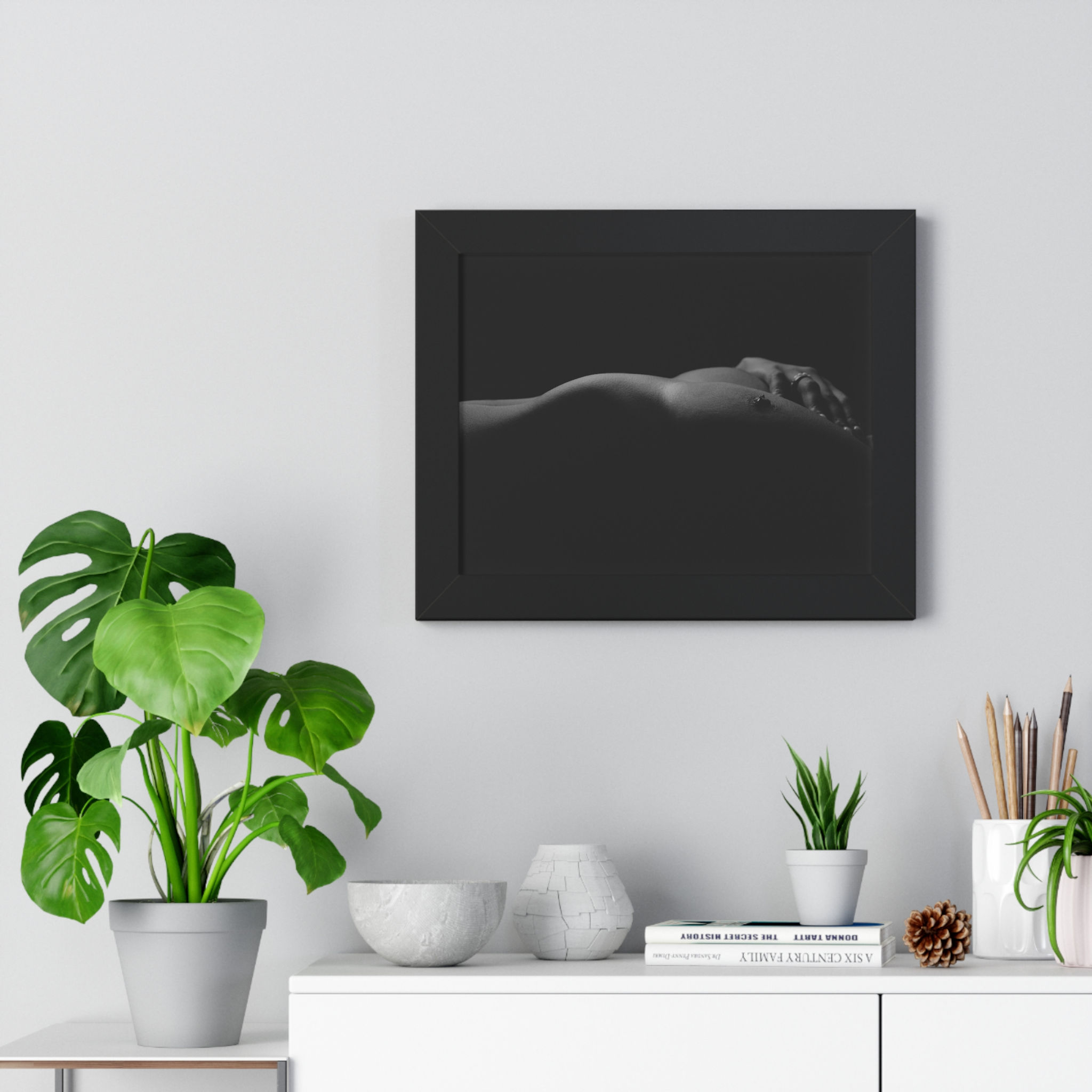 Nude Female Body Lines Black and White Framed Horizontal Poster