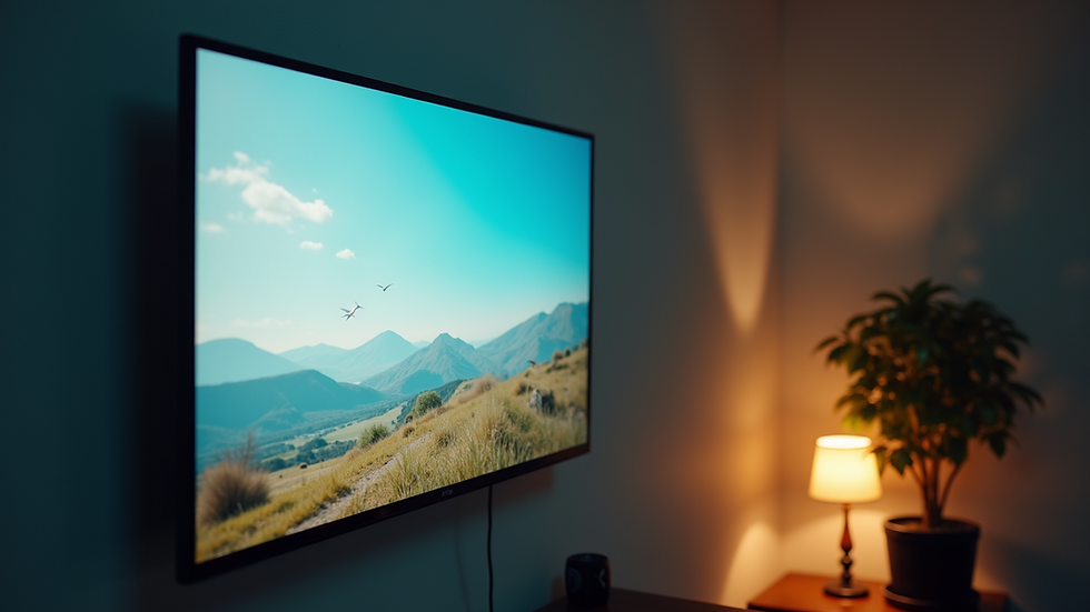 High-angle view of a mounted TV with soft lighting
