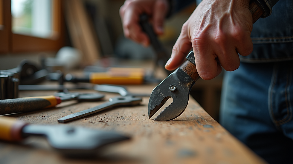 Close-up of handyman tools on a workbench