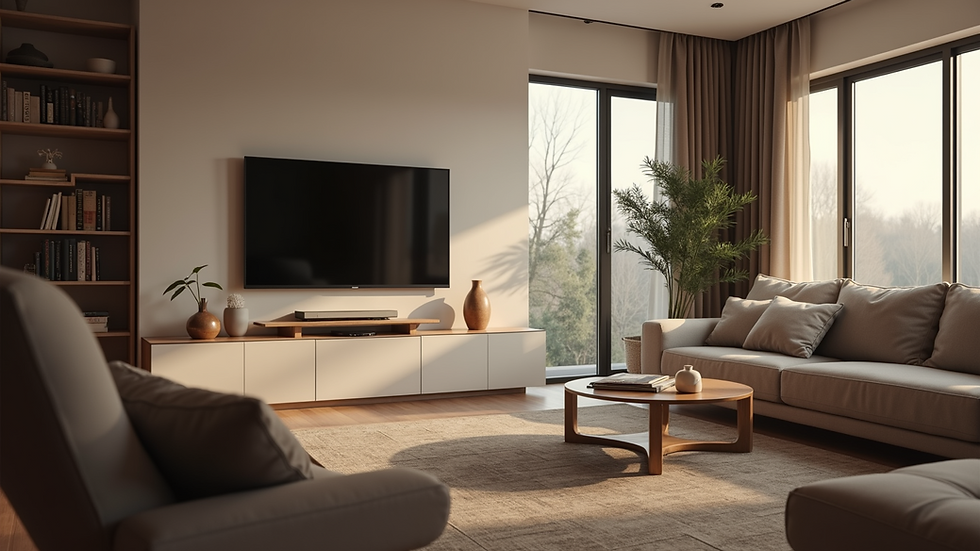 Eye-level view of a cozy living room setup with a mounted TV