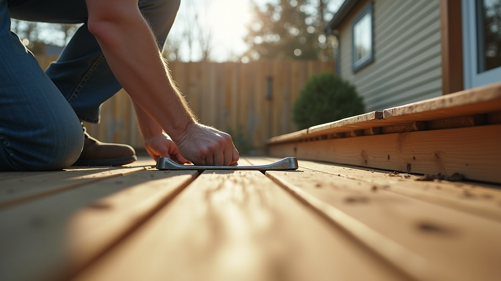 Eye-level view of a handyman fixing a wooden deck in a residential backyard