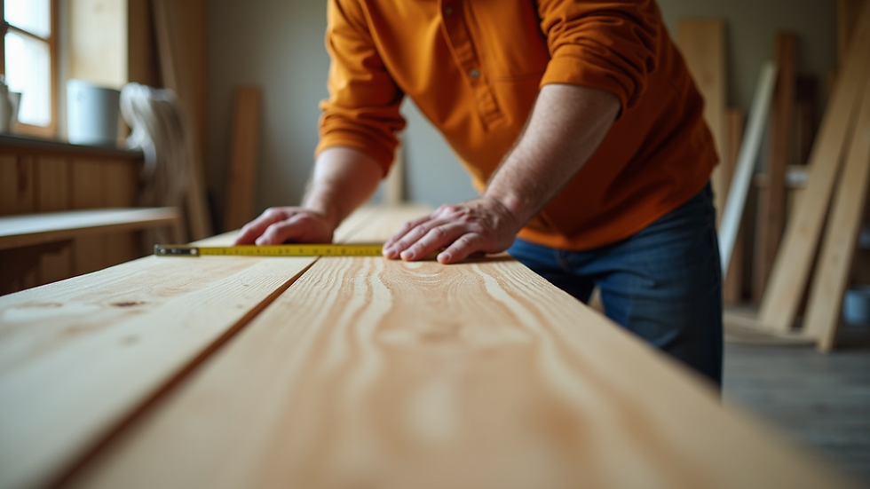 High angle view of a handyman measuring a wooden plank