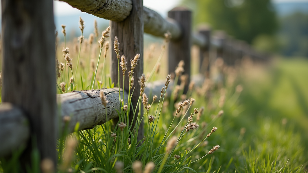 High angle view of a wooden fence alongside grass and flowers