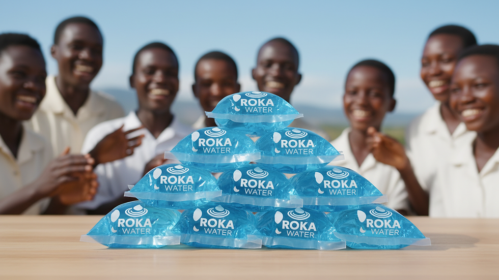 Close-up view of Roka Water sachets stacked neatly on a table
