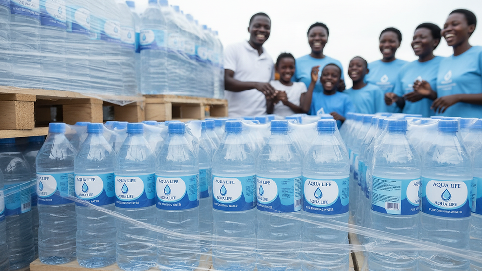 Close-up view of packaged drinking water bottles ready for distribution