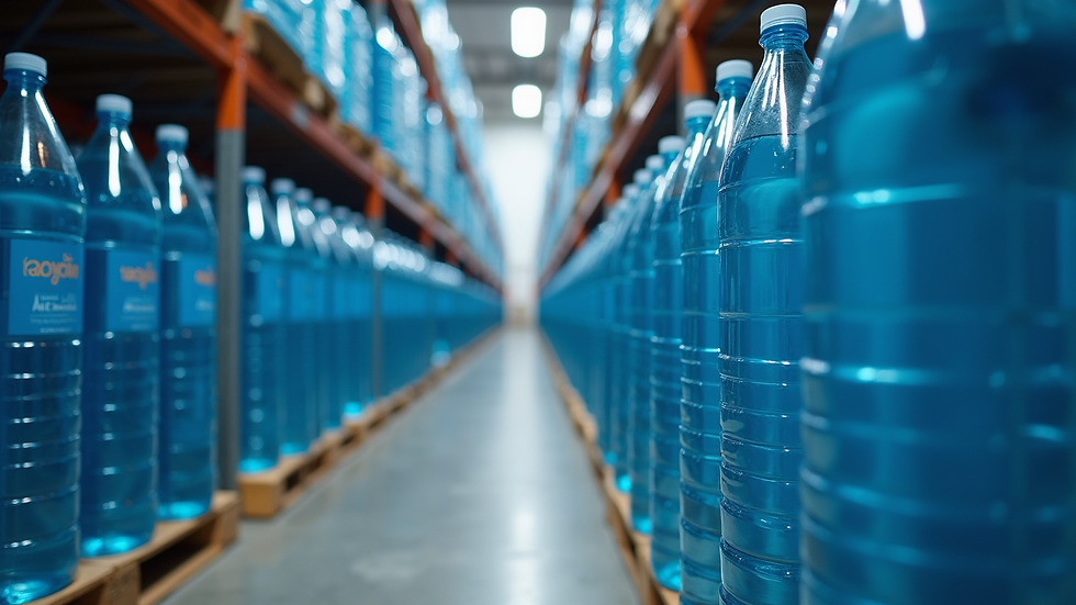 Eye-level view of packaged bottled water stacked neatly in a warehouse