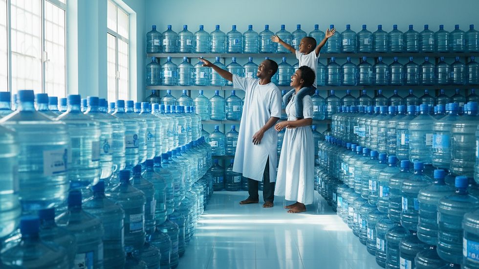 Eye-level view of large water bottles stacked neatly in a storage room