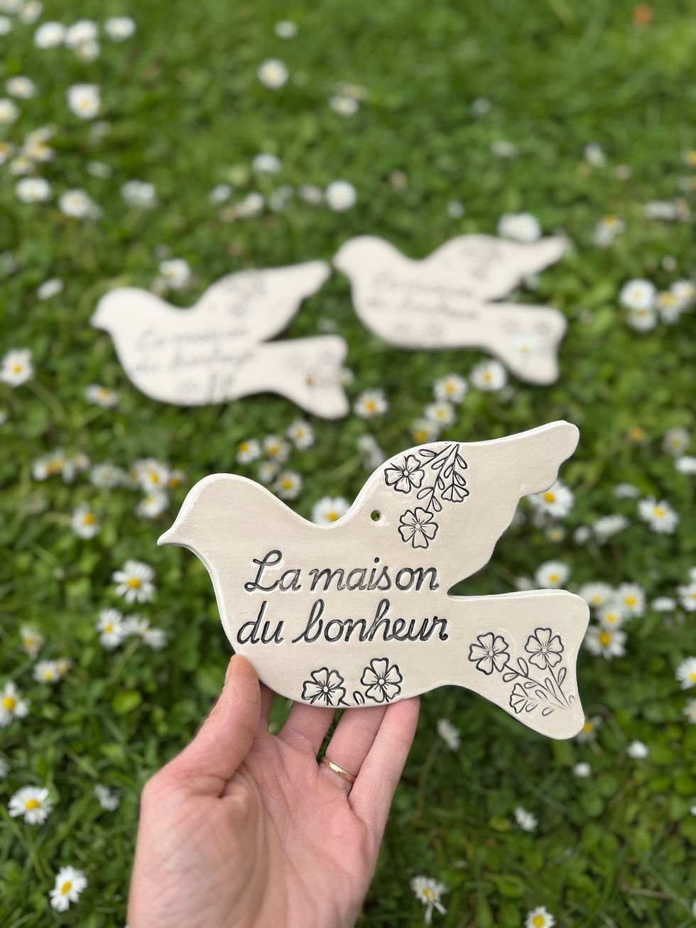Miniature : Plaque décorative colombe «la maison du bonheur » – empreintes végétales