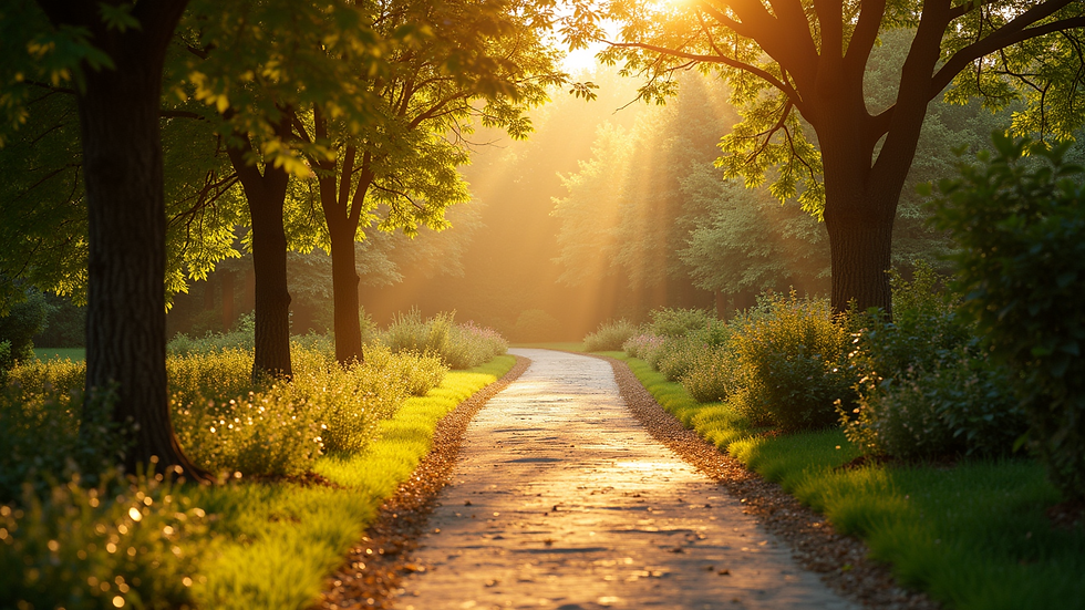 High angle view of a peaceful garden path with sunlight filtering through trees