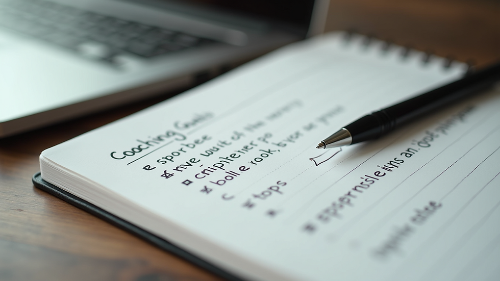 Close-up view of a notebook with coaching goals and a pen
