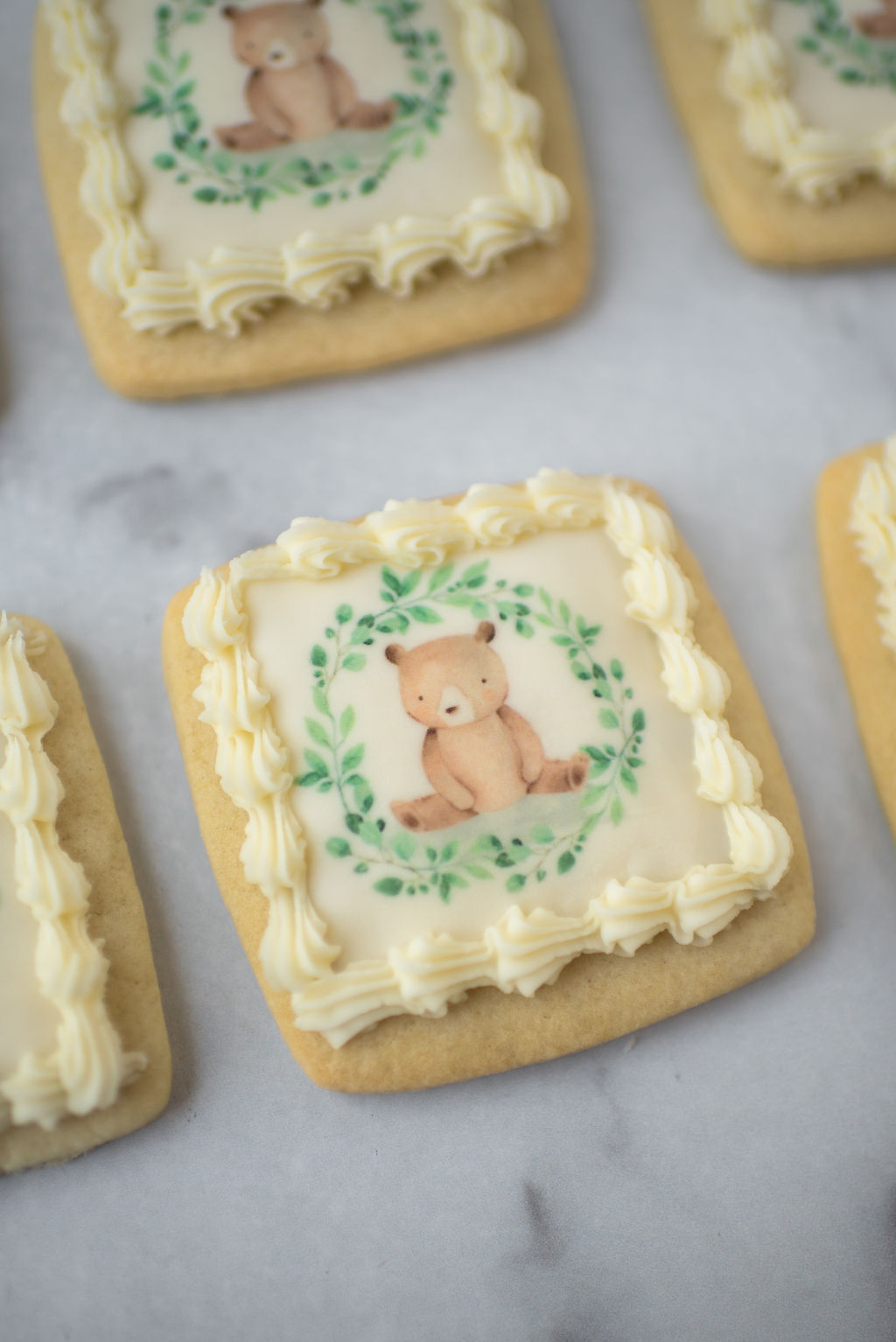 Modern baby shower teddy bear theme sugar cookies from Seatown Sweets