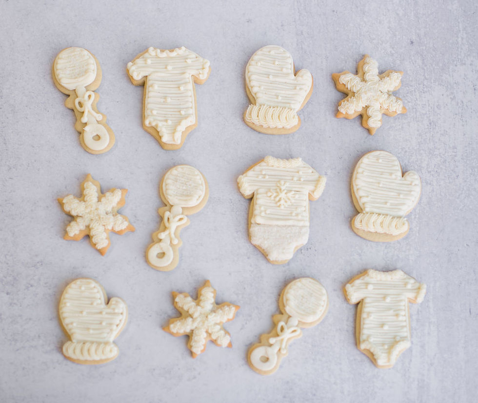 Winter snowflake baby shower cookies in all white frosting
