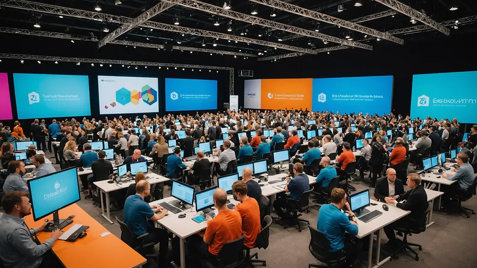 Wide angle view of a vibrant tech conference occurring in an exhibition space