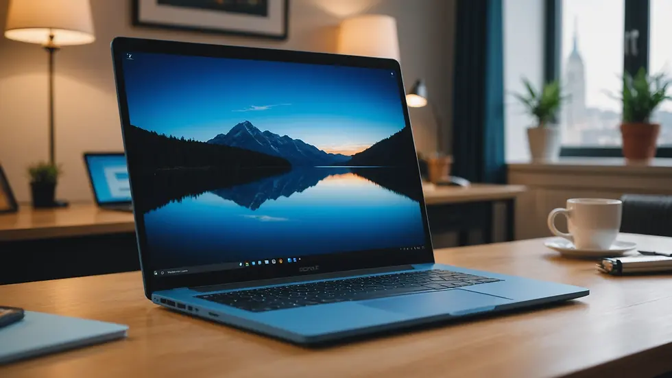 Eye-level view of a blue laptop sitting on a desk