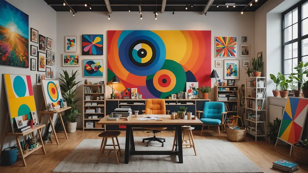 Eye-level view of a creative space decorated with colorful art