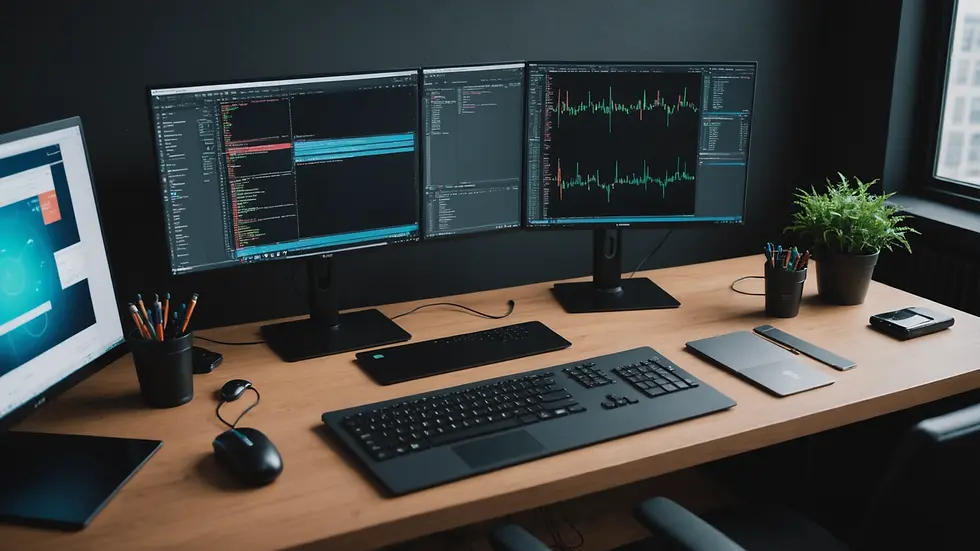 High angle view of a coding workspace with monitors