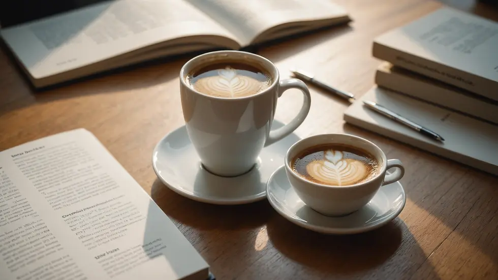 Eye-level view of a programming book and coffee cup