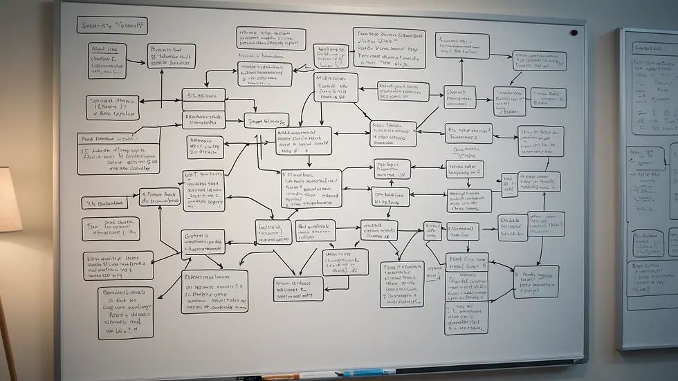 High angle view of a whiteboard filled with code diagrams