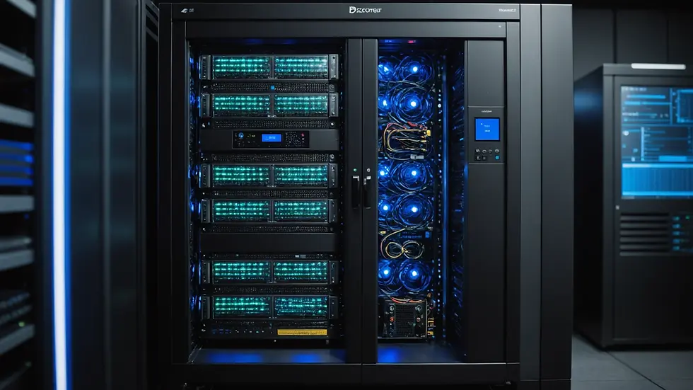 Eye-level view of a server rack with blinking LEDs