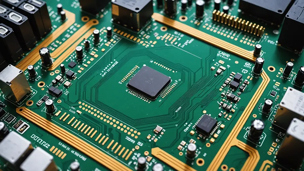 High angle view of a computer circuit board with complex patterns