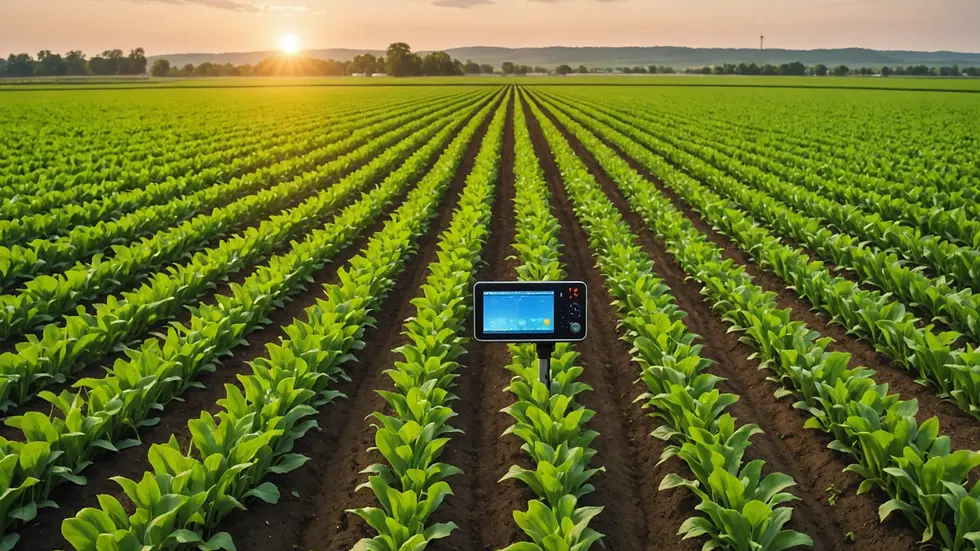 Eye-level view of a smart agriculture field monitored by IoT sensors
