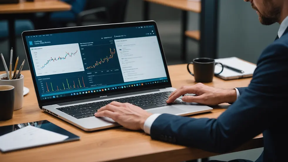 Close-up view of a business analyst working with data on a laptop