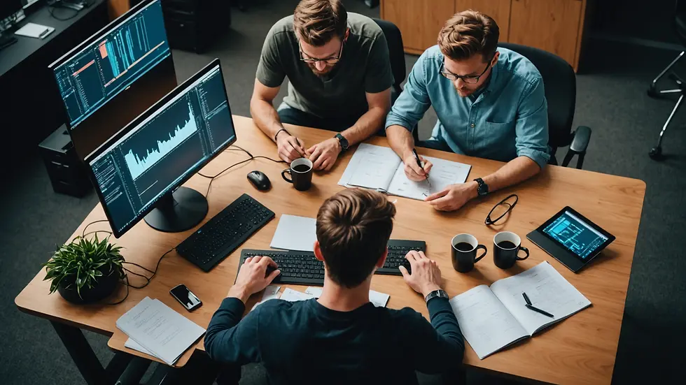 High angle view of a programming team collaborating on a project