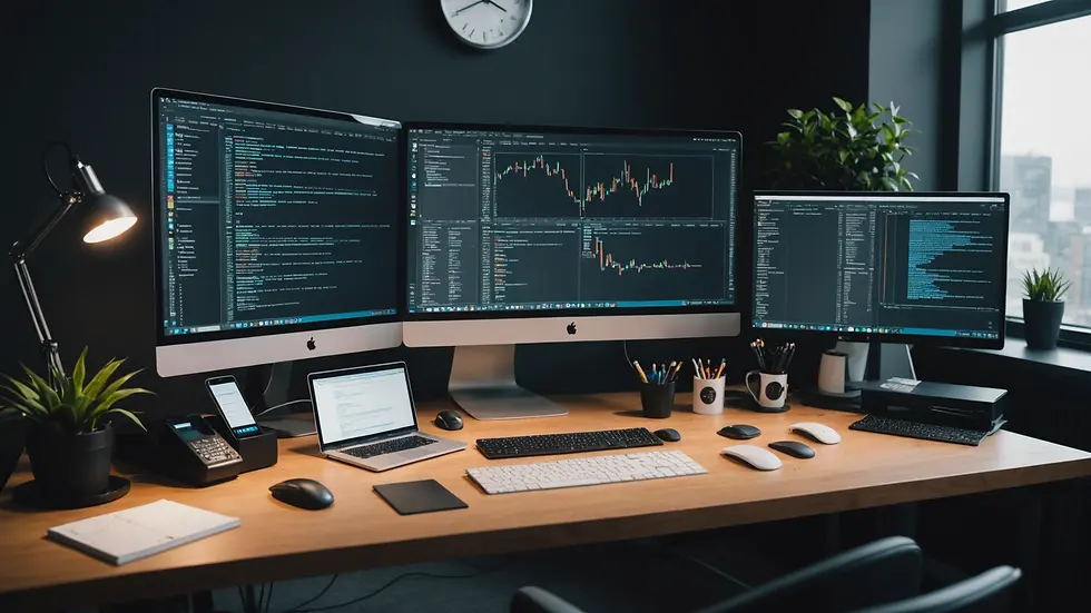 Wide angle view of a workspace with coding resources and technology tools
