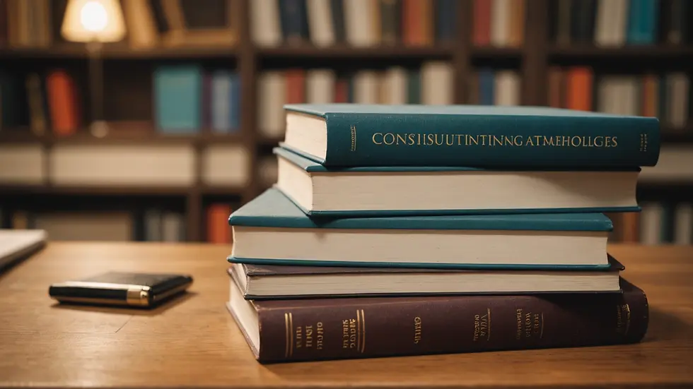 Close-up view of a stack of books on consulting methodologies