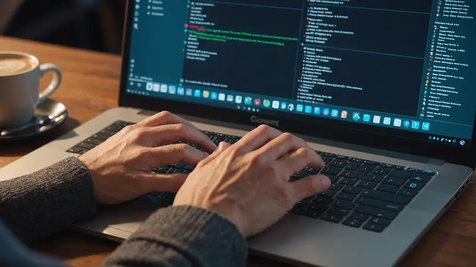 Close-up view of a programmer's hand typing on a laptop