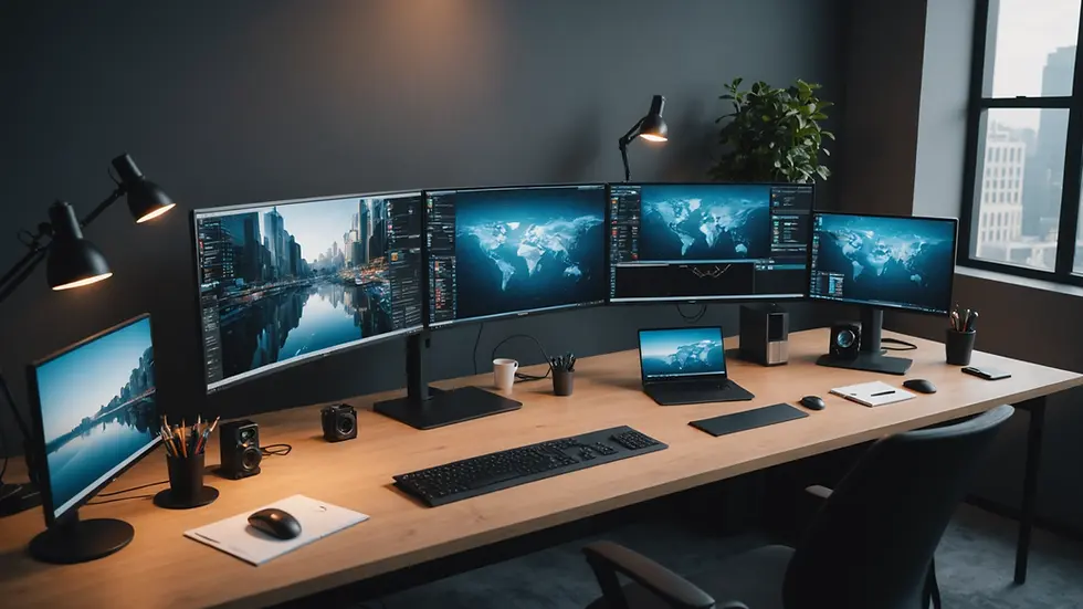 High angle view of modern workspace with multiple monitors